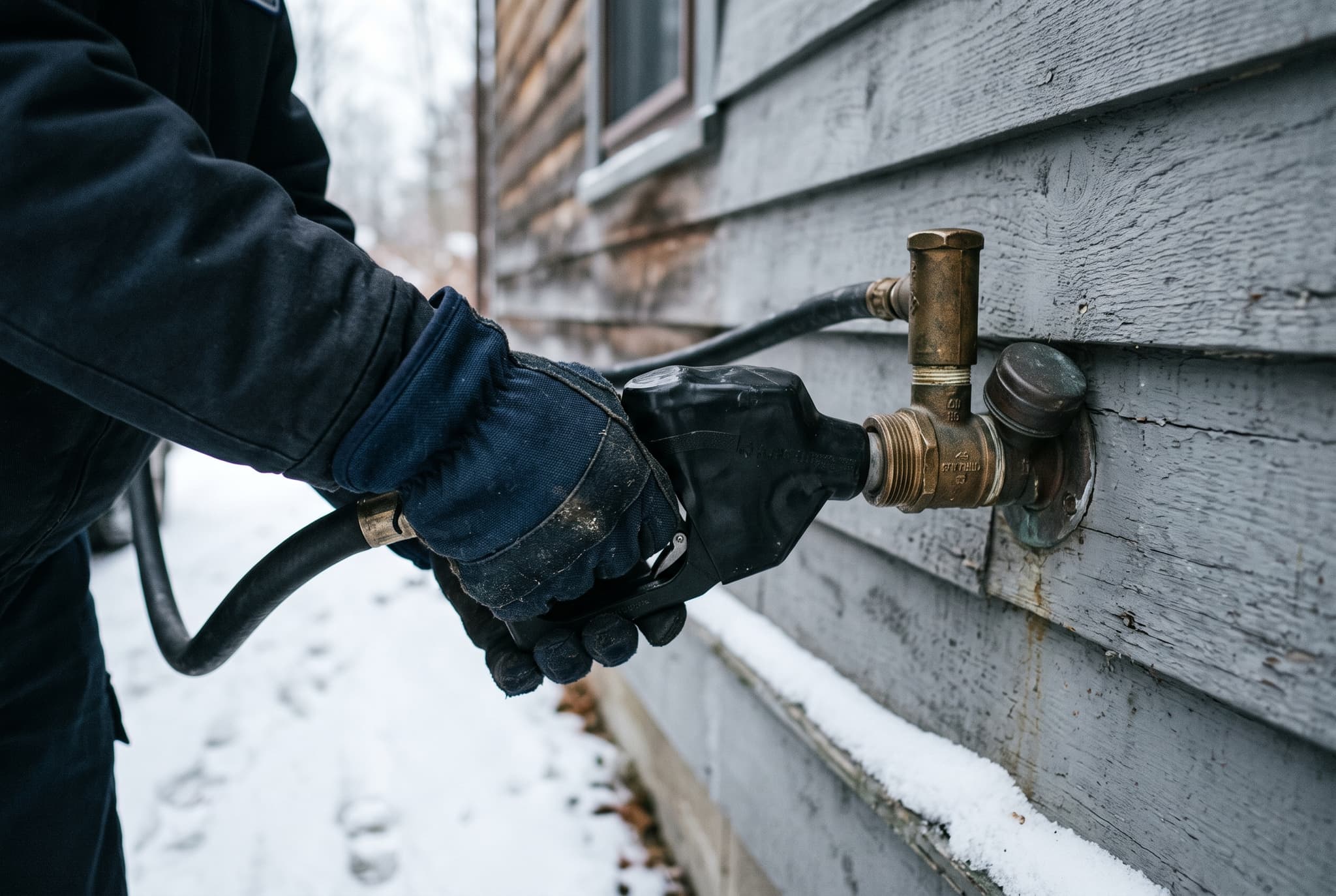 A driver filling a home heating oil tank through the fill pipe on a snowy day